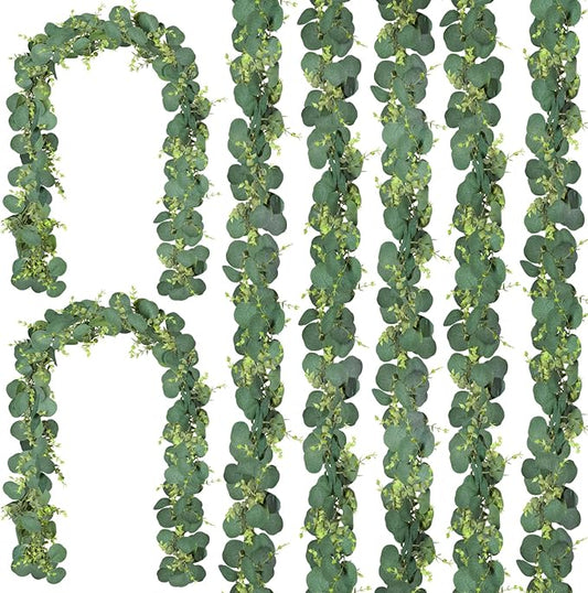 CQURE 7Pcs Eucalyptus Garland,Artificial Eucalyptus Leaves Table Greenery Garland Wreath Vines for Wedding Party Table Fireplace Bedroom Wall Room Decor