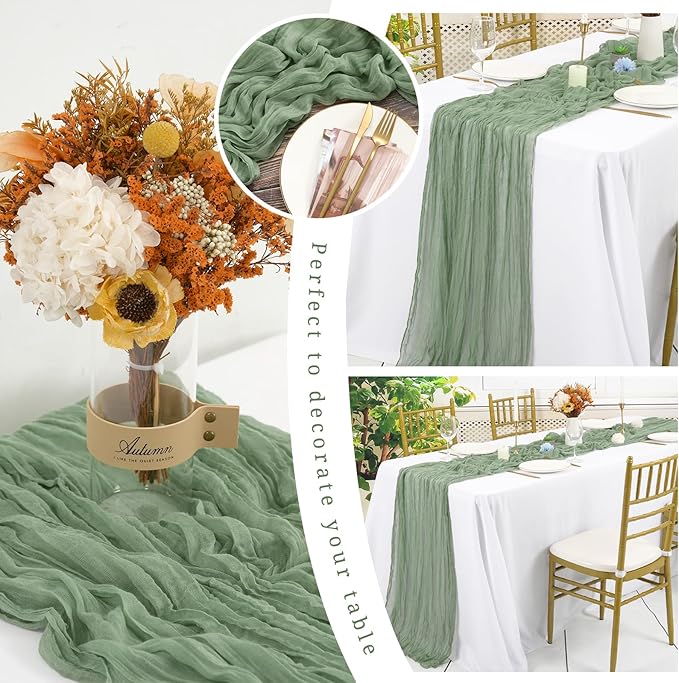 24 Pack Sage Green Cheesecloth Table Runner ,10FT Cheese Cloth Table Runner for Wedding Decor, 20x120inch Rustic Boho Gauze Table Runners for Wedding Party Bridal Shower Christmas