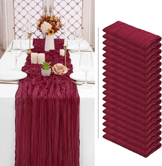 18 Pack Christmas Table Runner 10FT Burgundy Cheesecloth Table Runner 35 x 120 Inch Long Semi-Sheer Gauze Fabric Boho or Rustic Wedding Table Decor for Bridal Shower Baby Shower Holiday Party