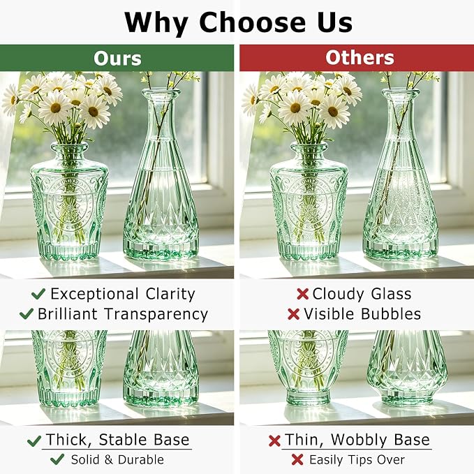 SUPMIND Glass Bud Vase Set, 6pcs Small Green Flower Vases for Table Centerpieces in Bulk, Mini Vintage Vase for Wedding, Home, Table Decoration