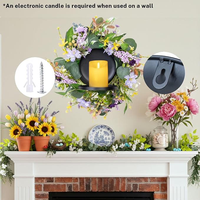 MOYEE Summer Centerpieces for Tables Candle Ring, Black Metal Candlestick with an Artificial Wreaths 14 in Versatile Dining Table Centerpiece Decor (Purple Foam Flower Wreath)