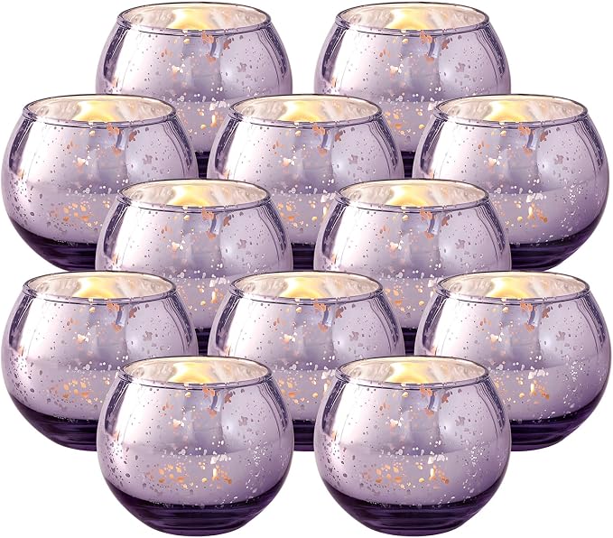 Volens Round Purple Votive Candle Holders Set of 12, Purple Wedding Centerpiece Table Decorations, Mercury Glass Tealight Candle Holder for Bridal Shower, Baby Shower & Home Decor