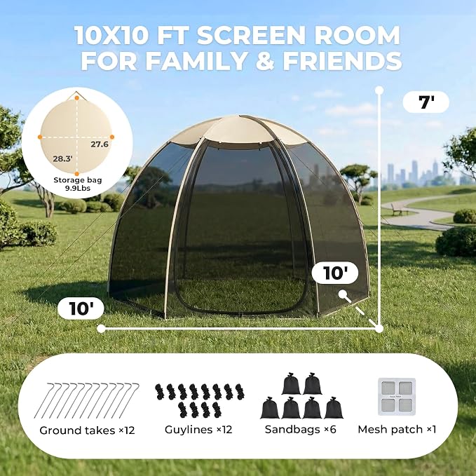 Alvantor® Screen House Mesh Tent, 10 x10 FT Pop Up Outdoor Gazebo with Sun Shade Mosquito Net for Backyard Garden, Beige