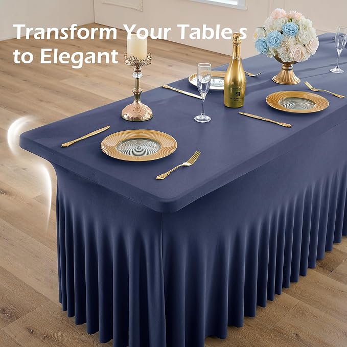 4 pk Navy Blue Spandex Tablecloth 6ft with Ruffled Skirt, Wrinkle Free High Stretch Fitted Tablecloths for 6 Foot Rectangle Tables, Elastic Navy Spandex Table Covers 6 ft for Graduation Wedding Party