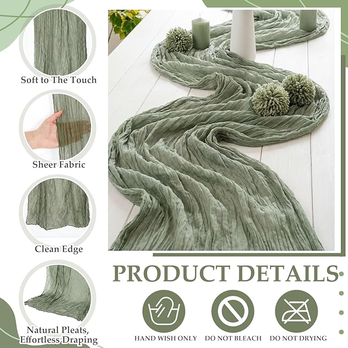 6 Pcs Sage Green and Pink Cheesecloth Table Runner Boho Gauze Cheese Cloth Runner 118" Rustic Table Decor for Engagement Wedding Bridal Baby Shower Birthday Party Home Arbor Decorations