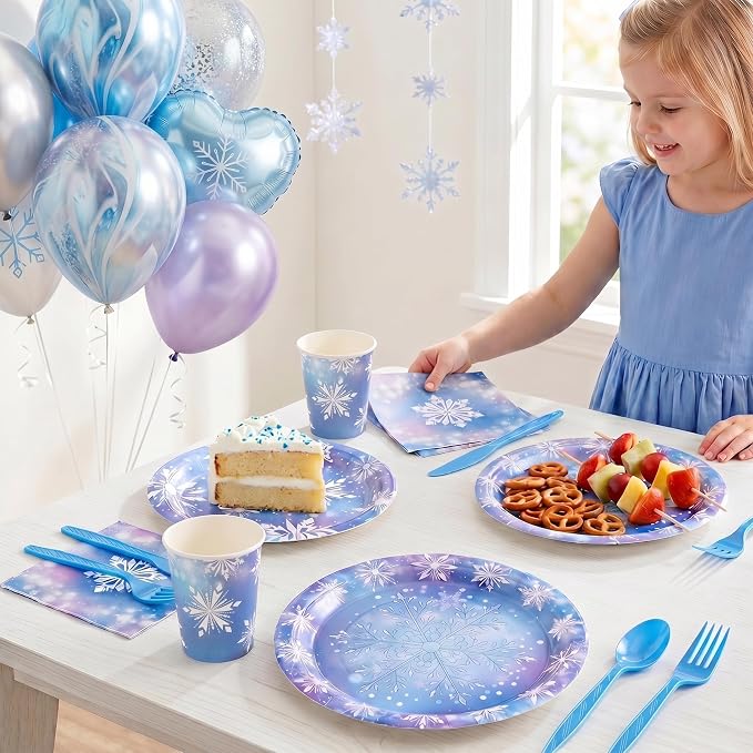 400 Pcs Disposable Winter Frozen Tableware Set for 50 Guests | Heavy-Duty 7" & 9" Paper Plates, Cups, 13" Napkins & Plastic Cutlery Snowflake Party Supplies for Large Winter Gatherings