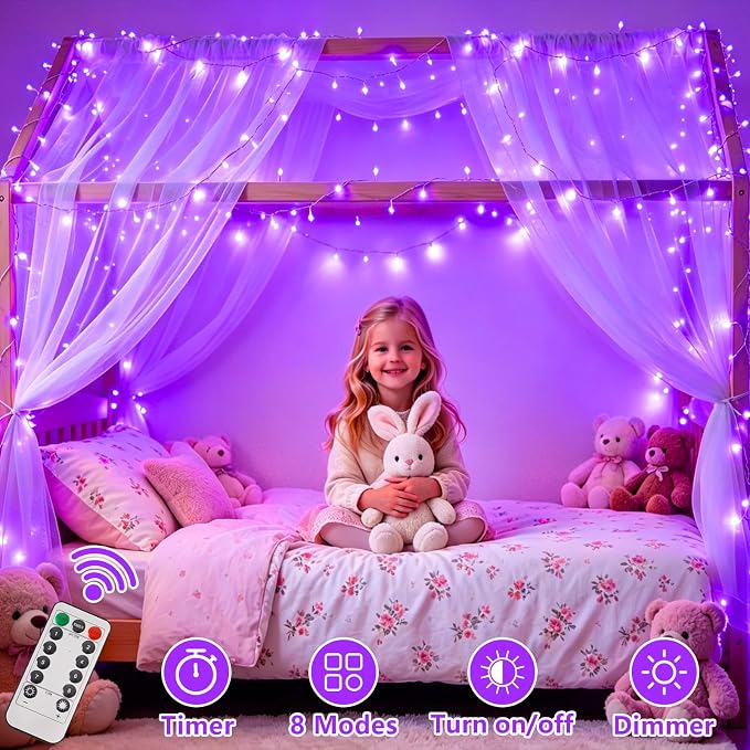 YEGUO Battery Operated String Lights, 2 Pack Each 33ft 100 LED Twinkle Fairy Lights Outdoor Waterproof, 8 Modes Clear Wire Purple Christmas Lights Indoor with Remote