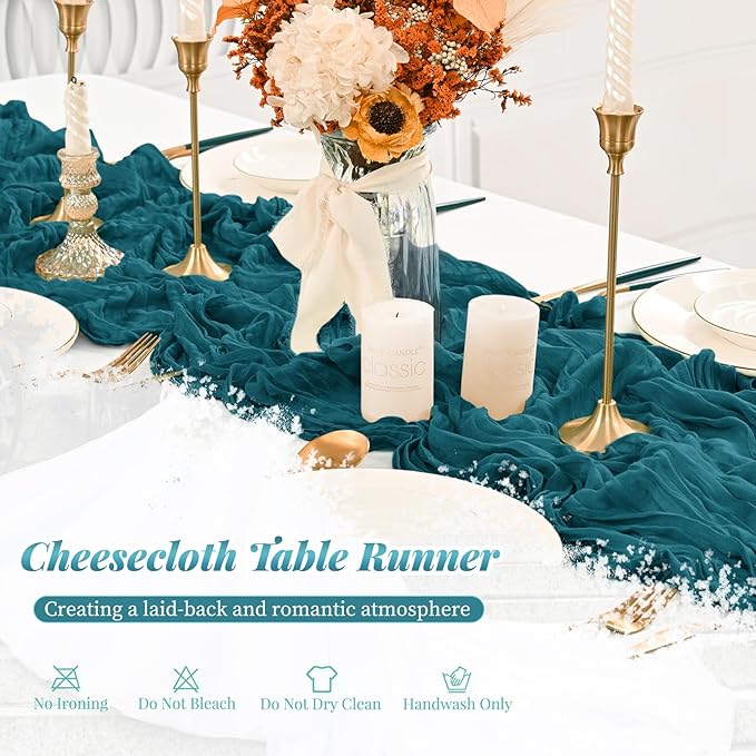 Pesonlook 12 Pack Teal Cheesecloth Rustic Boho Table Runner, 10FT Long Romantic Semi Sheer for Wedding, Baby Shower, Birthday, Bridal Party Decorations (21.5" W x 120" L)
