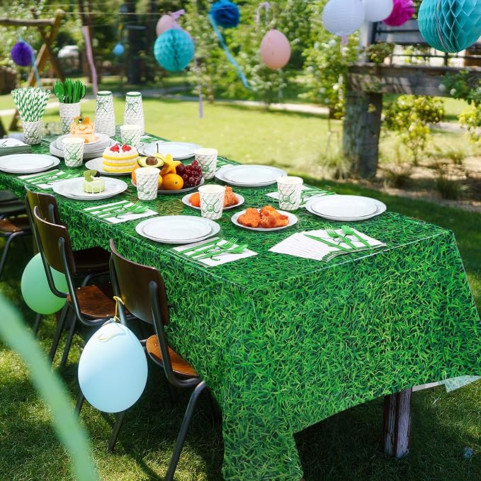 Potchen 452 Pcs Party Supplies Serve 50 Guests, Paper Plates Napkins Cups Cutlery Plastic Tablecloth Dinnerware for Birthday Wedding Party Decoration (Green and White, Golf)