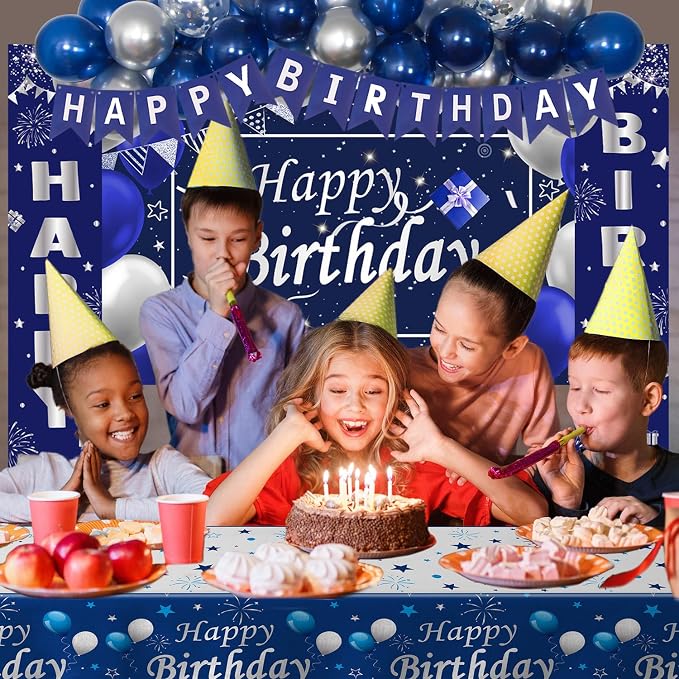 Blue and Silver Birthday Party Decoration for Men Boys Women Girls | Happy Birthday Backdrop Banner Tablecloth Party Supplies Confetti Balloons Arch