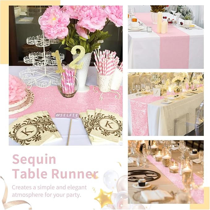 Sequin Table Runners 5 Pieces Pink Table Runners 12x72 Inch Glitter Dining Table Cover for Party Wedding Birthday Reception Banquet Decoration Spring Valentine Party Chair Sashes