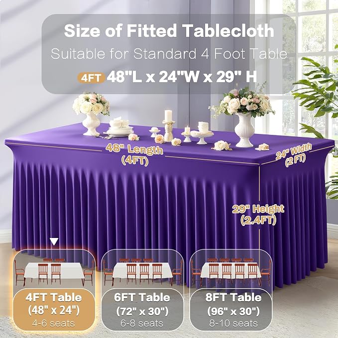2 Packs Purple Spandex Table Covers 4 Foot, Fitted Stretch Table Cloth with Skirts 48x24 Inch, Wrinkle-Free Floor Length Rectangle Tablecloths for Trade Show Weddings Parties Banquets Events