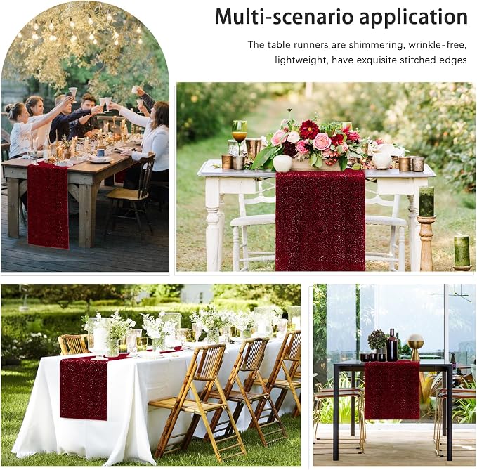2 Packs 12 x 72 inches Sequin Table Runner, Burgundy Glitter Table Runner for Birthday Party Supplies Wedding Engagement Baby Shower Holiday Celebration Event Decorations