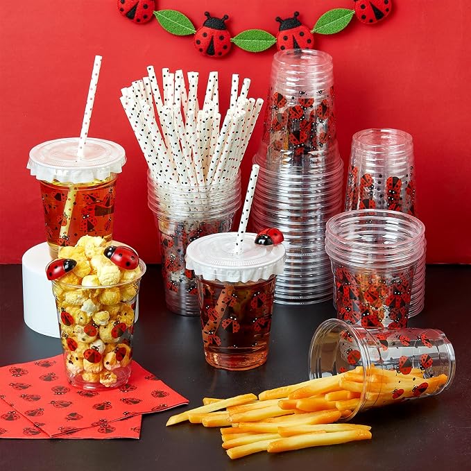 FoldTier 50 Pcs 12 oz Ladybug Disposable Plastic Cups with Straws, Lids and Leakproof Paper Clear Cups Birthday Party Supplies Birthday Table Decorations