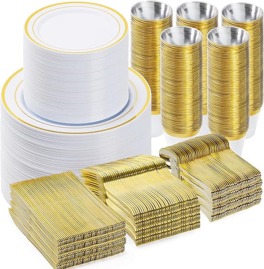 BESTVIP 900PCS Gold Dinnerware Set for 150 Guests, Plastic Plates for Party, 150 Gold Disposable Plates, 150 Dessert Plates, 150 Cups, 150 Spoons, 150 Forks and 150 Knives