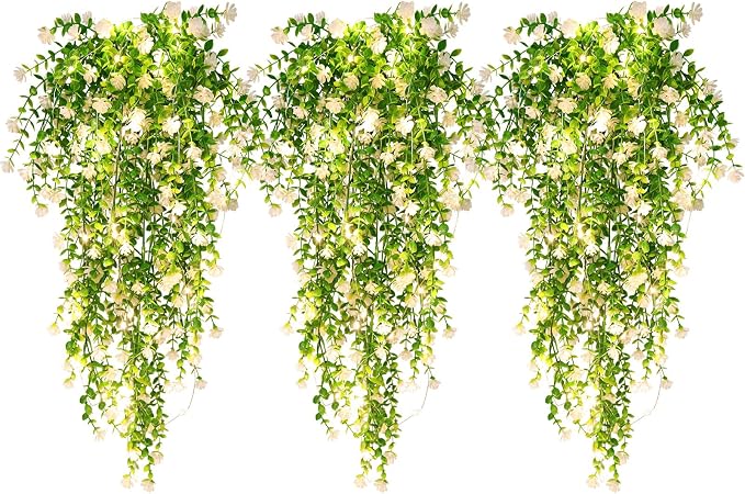 RECUTMS 3 Pcs Hanging Fake Plants Fake Vines Artificial Plants Large Faux Hanging Plant with 30 LED String Light, Artificial Greenery Wall Indoor Outdoor(White)