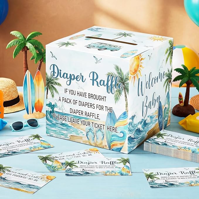 Teling 51 Pieces Diaper Raffle Tickets with Card Box Baby Shower Decorations Gender Reveal Holder Box for Girl Boy Diaper Raffle Party(Surf, Baby on Board)