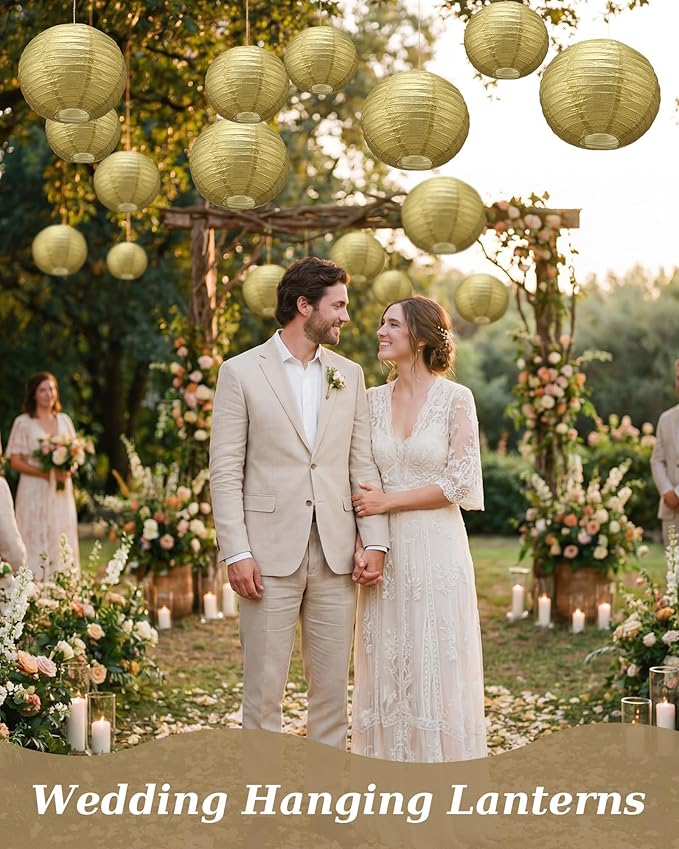 Treela 48 Pcs Paper Lanterns Party Decorations Chinese Round Paper Decor 4/6/8/10 Inch Asian Hanging Lamps Decorative for Graduate Wedding Birthday Party Bridal Parties Supplies(Gold)