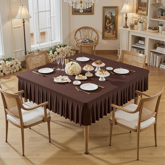 Wish Care Chocolate Spandex Tablecloths for 48x48 Inch Square Tables, Stretch Fitted Table Clothes with Pleated Ruffle Skirt for 48” Table, Wrinkle Free and Elastic, for Party Kitchen Home Dining