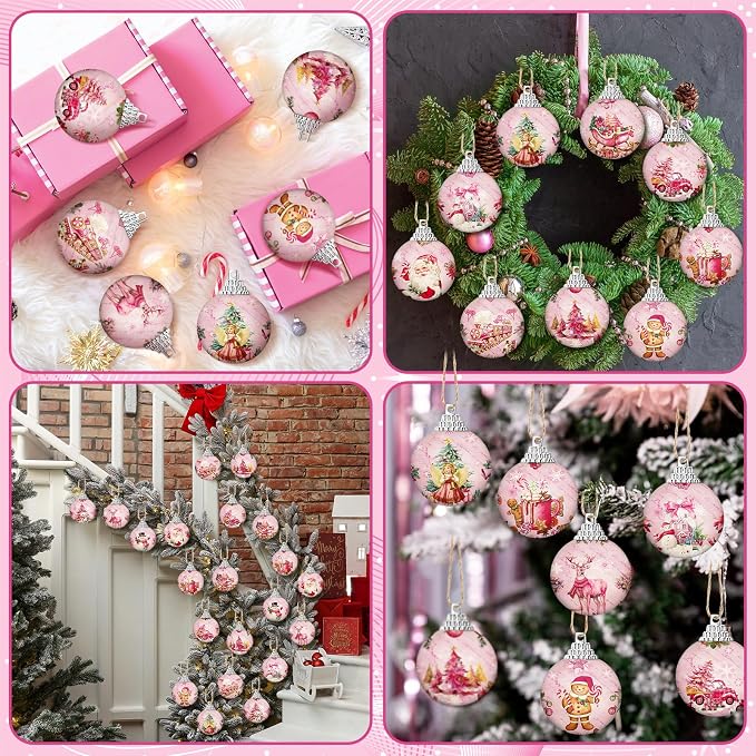 Outus 24 Pcs Christmas Tree Ornaments Ball Vintage Pink Christmas Decorations for Tree Vintage Style Santa Claus Snowman Hanging Ornaments Farmhouse Home Fireplace Decoration Holiday Party Favors