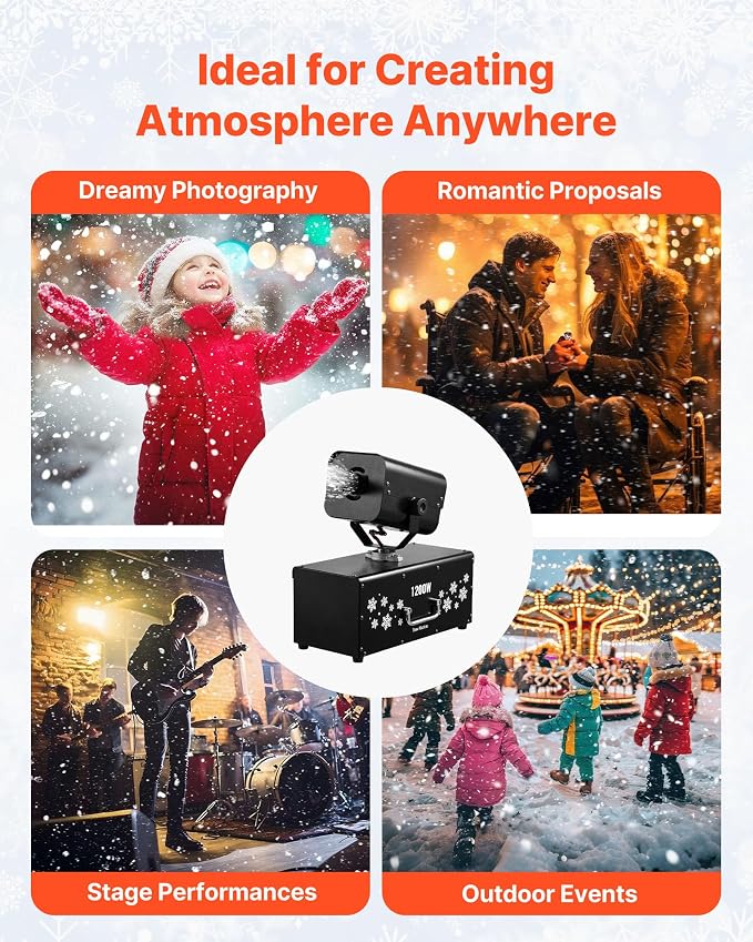 VEVOR Snow Machine, 1200W Powerful Fake Snow Maker with 90° Shaking Head, Wireless Remote Control, High Output Snowmaking Machine Coverage up to 12 ㎡ for Parade Christmas Wedding Party Stage Effect