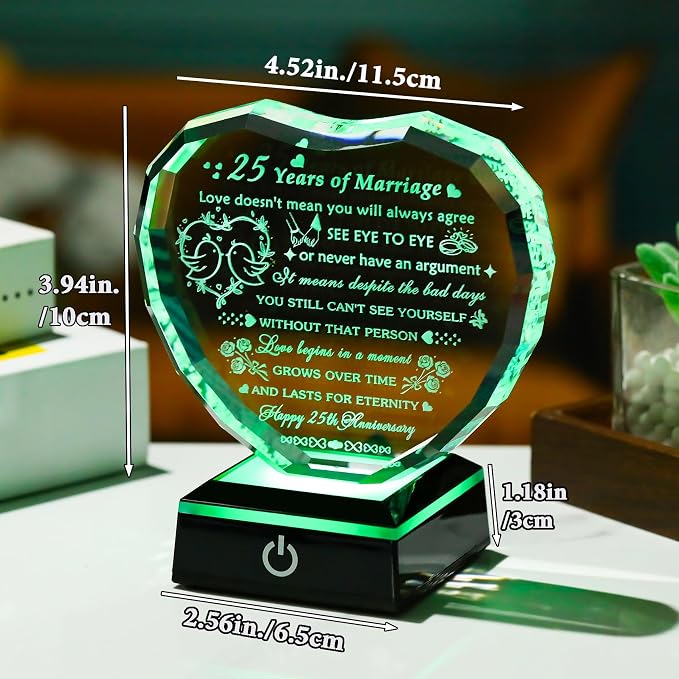Arikyrist 25th Wedding Anniversary Crystal Heart Gifts for Couple, Laser Engraved 25 Year Anniversary Crystal Gifts for Wife Husband Parents, Romantic 25 Years of Marriage Gift for Him Her Friends