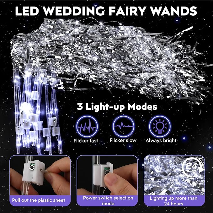 100 pcs Wedding Wands Tinsel, Light up Wand Wedding with LED, Wedding Wand with Light for Wedding Send off, Ideal Props for Weddings, Birthday Parties, Christmas Cheerleading Games (Silver)