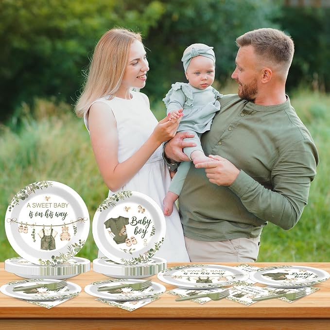 96Pcs Greenery Baby Shower Plates and Napkins Decoration Sage Green Baby Boy Party Tableware Dinnerware Set A Sweet Boy Is On His Way Paper Plates for Gender Reveal Party Supplies Serves 24 Guests