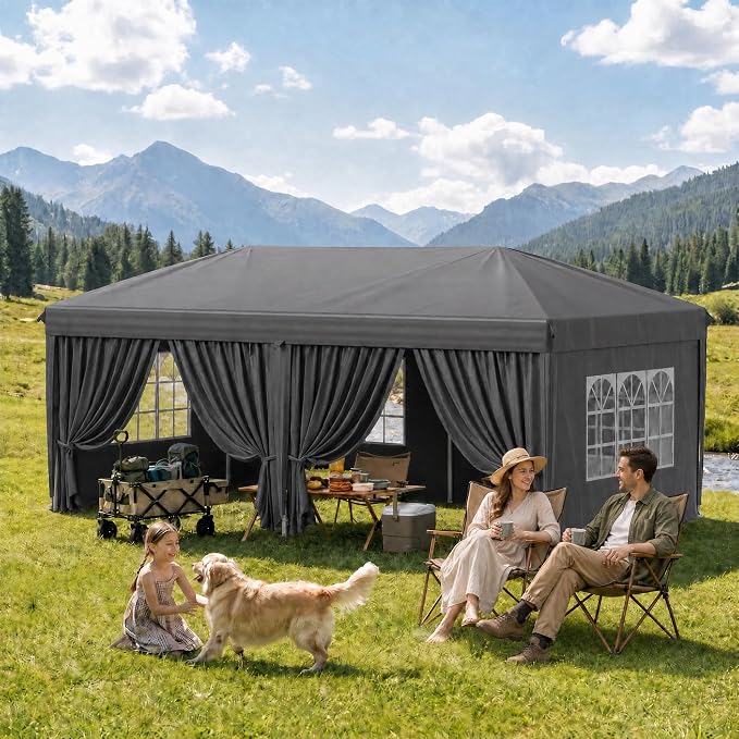 KIGOTY 10x20 FT Portable Pop Up Canopy Tent, Adjustable Height Instant Gazebo with Sidewalls,Sandbags, Waterproof Outdoor Canopy for Camping, Parties, Vendor Events (Grey, 3m × 6m with sidewalls)