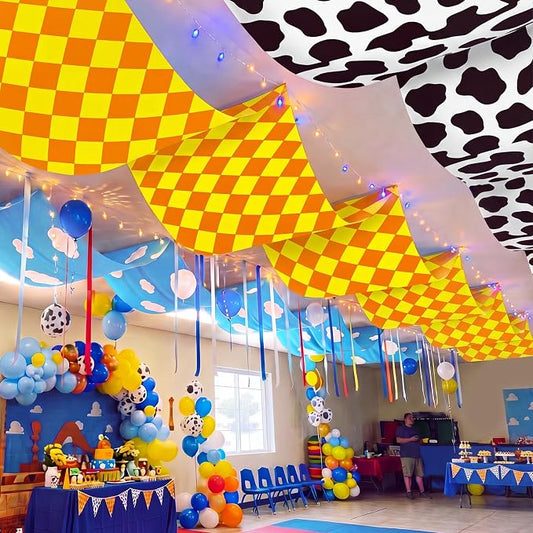 Feifeiya 3 Pcs 36 ft Cartoon Story Party Decorations Cartoon Story Classroom Celling Banner with Cow Blue Sky White Clouds Print for First Day Back to School Classroom Birthday VBS School Decorations