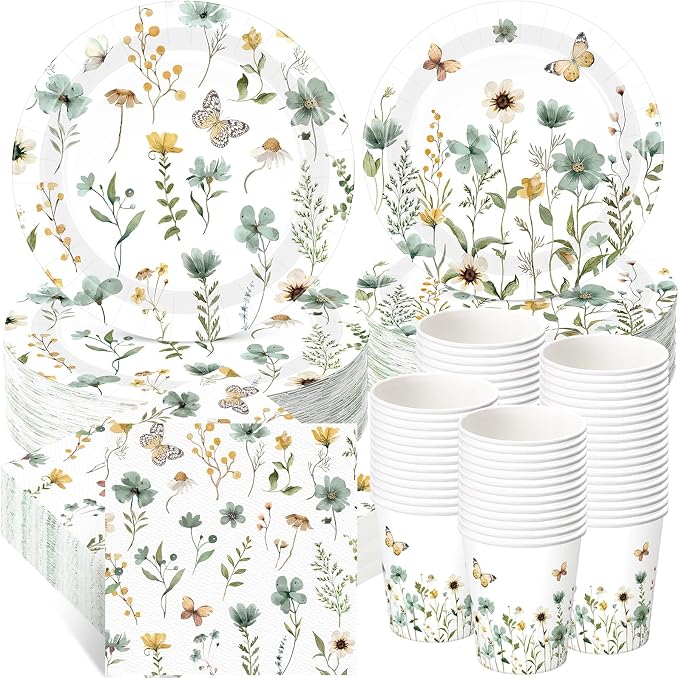 Ziliny 250 Pcs Wildflower Party Decorations Include Spring Summer Floral Paper Plates Napkins and Cups for Wildflower Baby Shower Tea Decorations, Serve 50 Guest (Green, Spring Style)