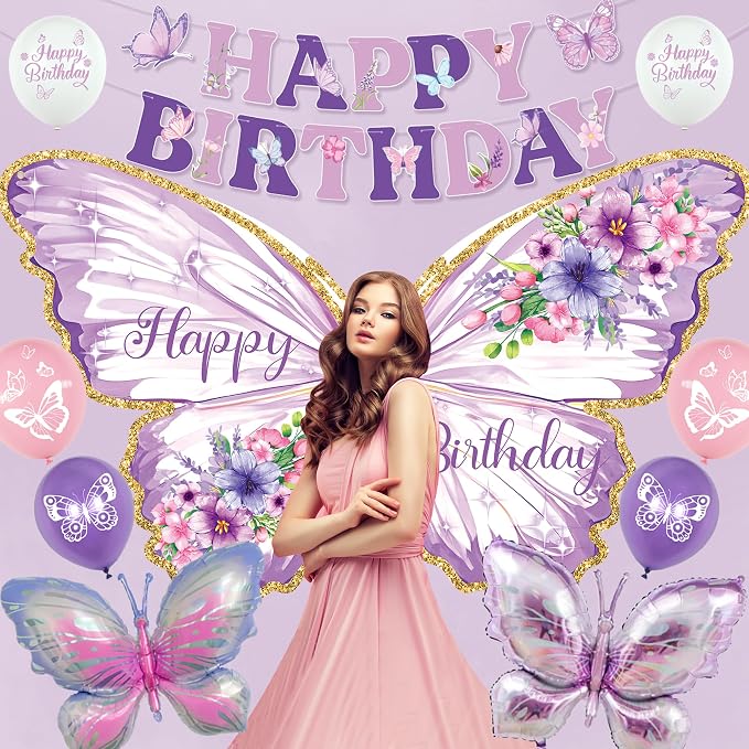 Roetyce Butterfly Birthday Decorations, Purple Happy Birthday Banner Backdrop Balloons Hanging Swirls Cake Topper for Home Party, Girls Women Butterfly Themed Party Suppiles Photo Background
