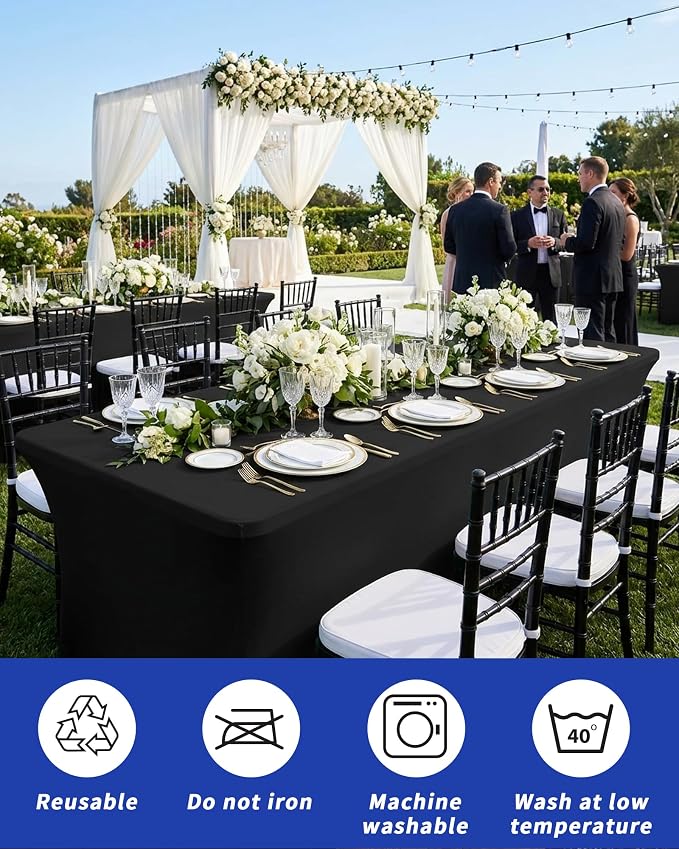 Fixwal Black Tablecloths for 8 Foot Rectangle Tables, 4 Pack Spandex Stretch Fitted Table Covers for Party, Trade Show, Banquet, Wedding, Buffet
