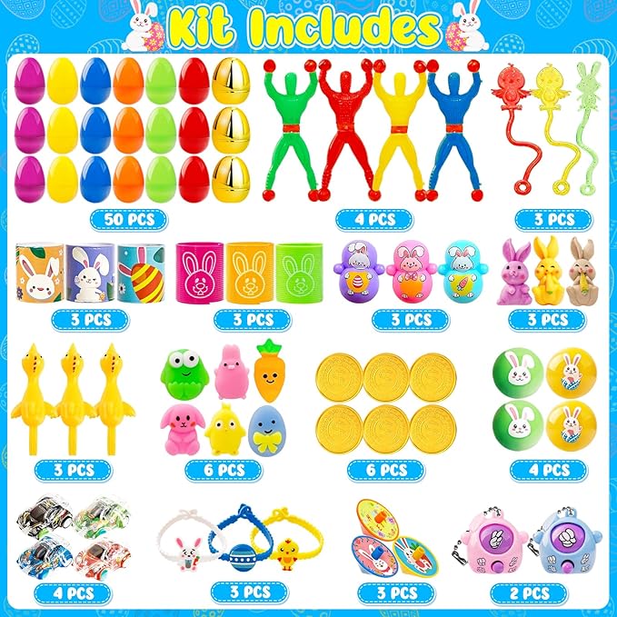 Adisher [ 6 Surprise Golden Eggs ] 50 PACK Prefilled Easter Egg Fillers, Easter Basket Stuffers Egg Hunt with Toys Goodie Bags Stuffers Party Favors Classroom Prize Supplies for Kids