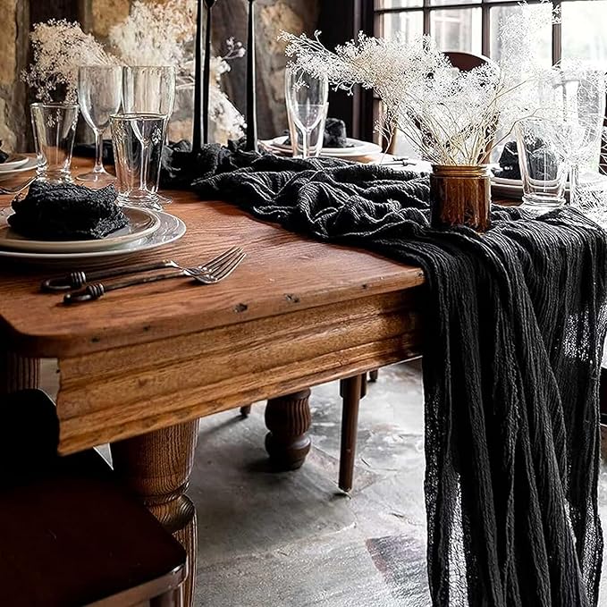 15 Pack Black Cheesecloth Table Runner 10Ft Gauze Cheese Cloth Table Runner 35 x120 Inch Romantic Boho Table Runners for Wedding Birthday Party Engagement Bridal Shower Holiday Summer Table Decoration