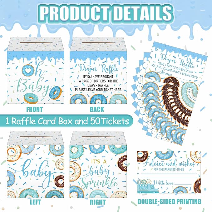 Teling 51 Pieces Diaper Raffle Tickets with Card Box Baby Shower Decorations Gender Reveal Holder Box for Girl Boy Diaper Raffle Party (Baby Boy Sprinkle)