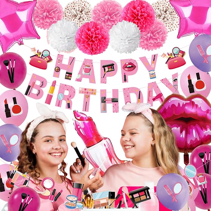 Makeup Party Supplies 66pcs Spa Party Decorations Set-Makeup Theme Party Decoration Happy Birthday Banner Happy Brirthday Makeup Birthday Cake Topper Kit Party Decorations for Girls Women