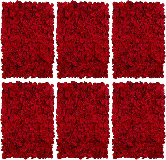 BLOSMON Flower Wall Backdrop Red - 6 Pcs 24 x 16 Inch Artificial Hydrangea Floral Panels for Wedding Party Baby Bridal Shower Decor - Fake 3D Silk Flower Backdrop Decoration