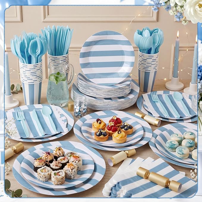 Mimorou 175 Pcs Blue and White Striped Paper Plates and Napkins for 25 Guests, Blue Striped Disposable Tableware Set Plates Cup Napkins Spoon Fork Knife for Baby Shower Birthday Party Supplies