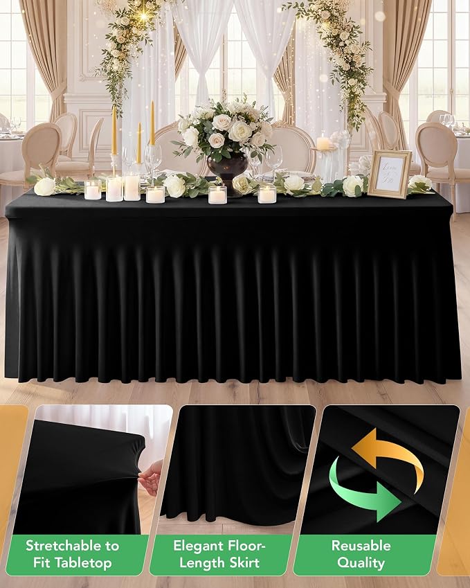 6 Pack Spandex Table Cover Skirts for 6ft Rectangle Tables, Black Stretch Table Cloths with Floor-Length Ruffle, Elastic Fitted Skirted Tablecloth for Elegant Wedding Banquet Party Buffet Decoration