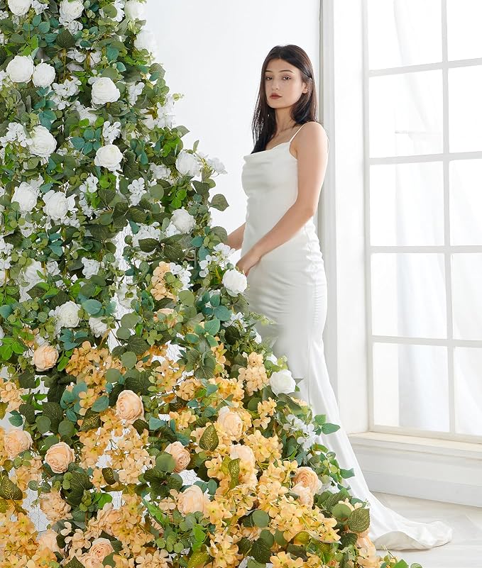 PONKING Flower Garland Artificial Rose & Hydrangea Vine Hanging Fake Flowers Vines for Wedding Birthday Party Valentines Christmas Room Wall Arch Decor, 1 Rose & 1 Hydrangea White Floral Garland