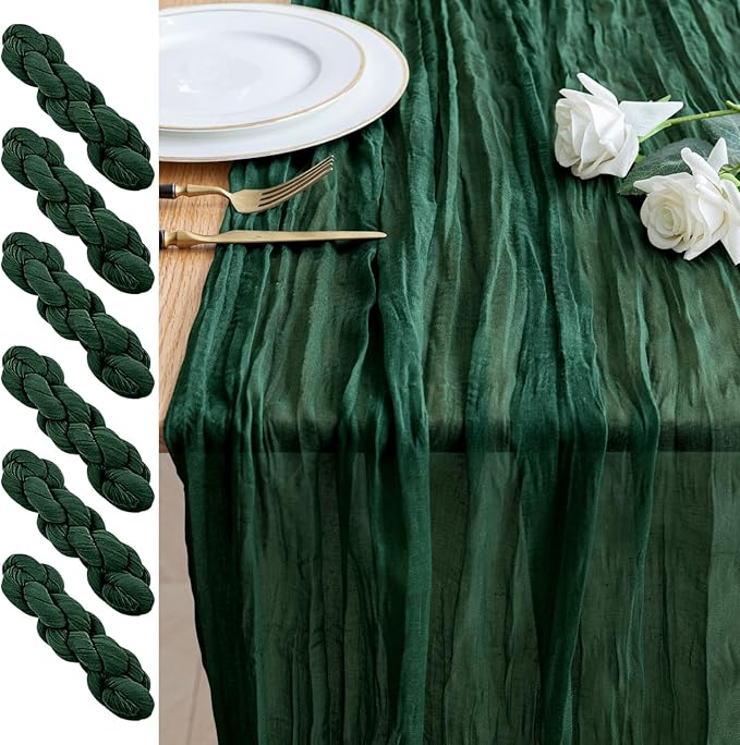 6PCS Table Runner Cheesecloth 10FT Emerald Green Boho Gauze Cheese Cloth Rustic Sheer Table Runners for Wedding Bridal Baby Shower Party Decoration