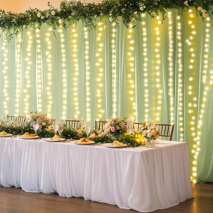 6 Panels Sage Green Sheer Tulle Backdrop Curtains with Lights for Party Wedding Wrinkle Free Curtain Backdrops Drapes for Baby Shower Birthday Photo Back Drop Background Home Decorations 30ft x 8ft