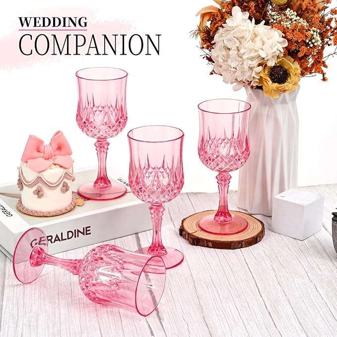 48Pack Pink Plastic Wine Glasses,Vintage Plastic Goblets for Parties, Pink Drinking Glasses Crystal Water Goblets Reusable for Wedding Reception, Grand Event Party Supplies