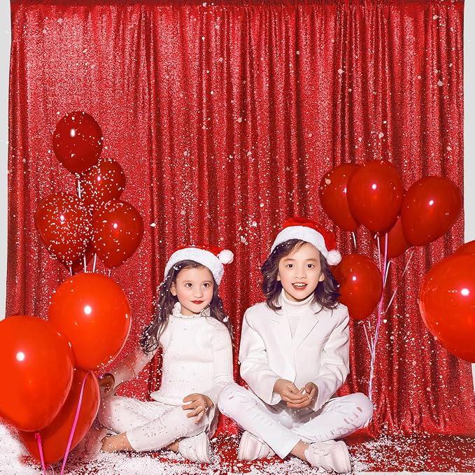 PartyDelight Red Sequin Backdrop 6x8ft 4 Inch Rod Pocket | Dense 3mm sequins on mesh backing with 4 inch rod pocket for full body photos ceremony arches party walls and stage displays
