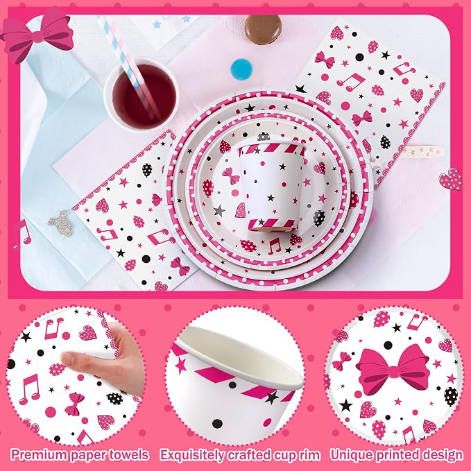 Domensi 250 Pcs Pink Cartoon Birthday Decorations Serves 50 Guests Pink Cartoon Theme Tableware Set Include Disposable Paper Plates Napkins and Cups for Baby Shower Party Supplies