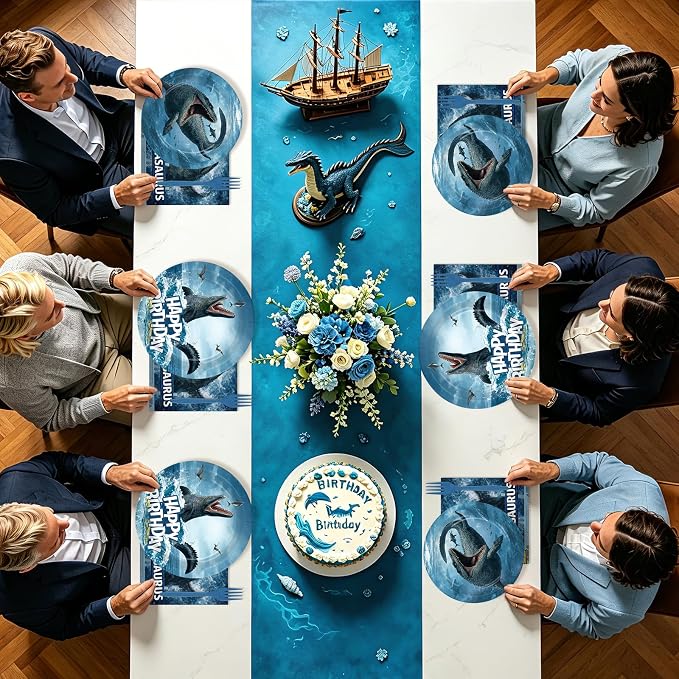 96 Pcs Mosasaurus Dinosaur Birthday Party Decoration Mosasaurus Themed Plates and Napkins Ocean Dinosaur Tableware Set for Kids Dino Birthday Baby Shower Party Supplies, Serves 24