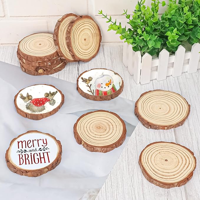 70 PCS Unfinished Wood Slices for Centerpieces, 3.15-4 Inch Natural Wood Slices with Tree Bark for DIY Crafts, Ornaments, Art & Decor