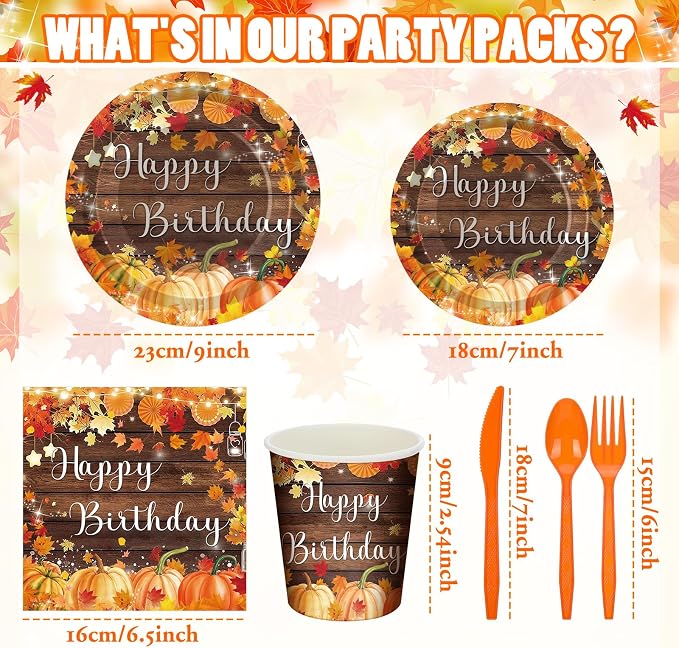 168 Pcs Fall Birthday Decorations Autumn Themed Party Supplies Maple Leaves Pumpkin Tableware Set Disposable Paper Plates Cups Utensils for Birthday Baby Shower Party Serve 24