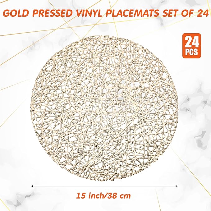 Sieral 24 Packs Gold Round Placemats 15 Inch Hollow Out Pressed Vinyl Place Mats Heat Resistant Woven Gold Placemats for Christmas Dinner Table Winter Holiday Party Wedding Centerpiece Decoration